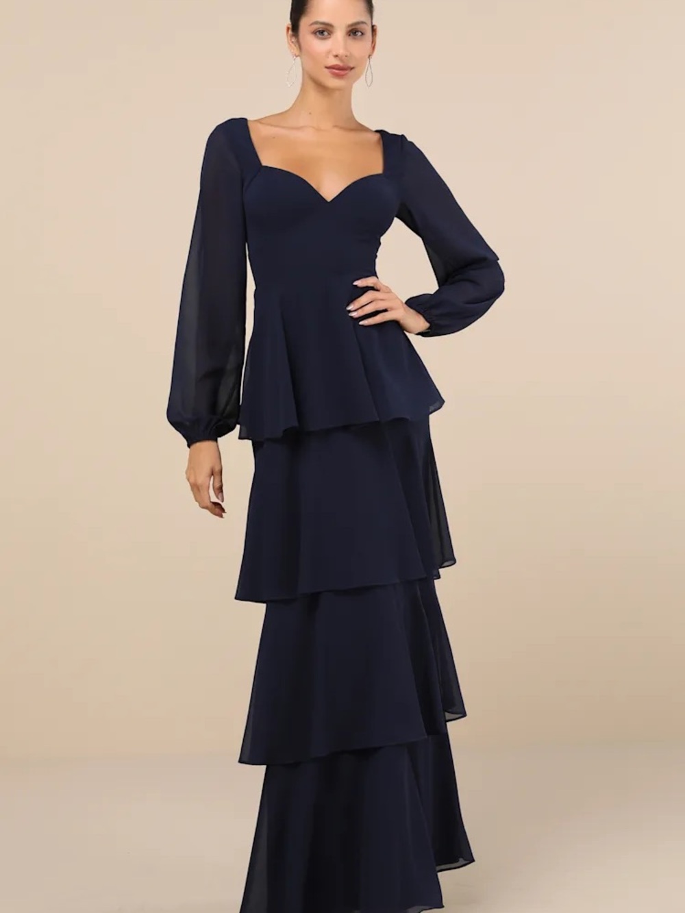 Lulu's Navy Long Sleeve Tiered Peplum Maxi Dress